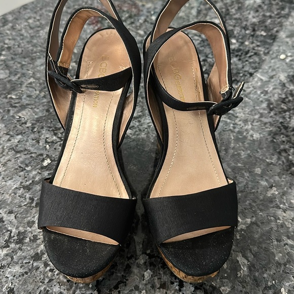 BCBGeneration Black and Natural Wedge Sandals with Ankle Strap - Picture 9 of 10